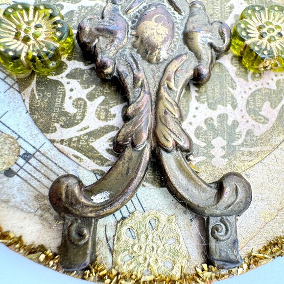 Handcrafted Ornament OOAK Collage Clear Crystal Gold Green Accents 3" Ribbon - Picture 10 of 11